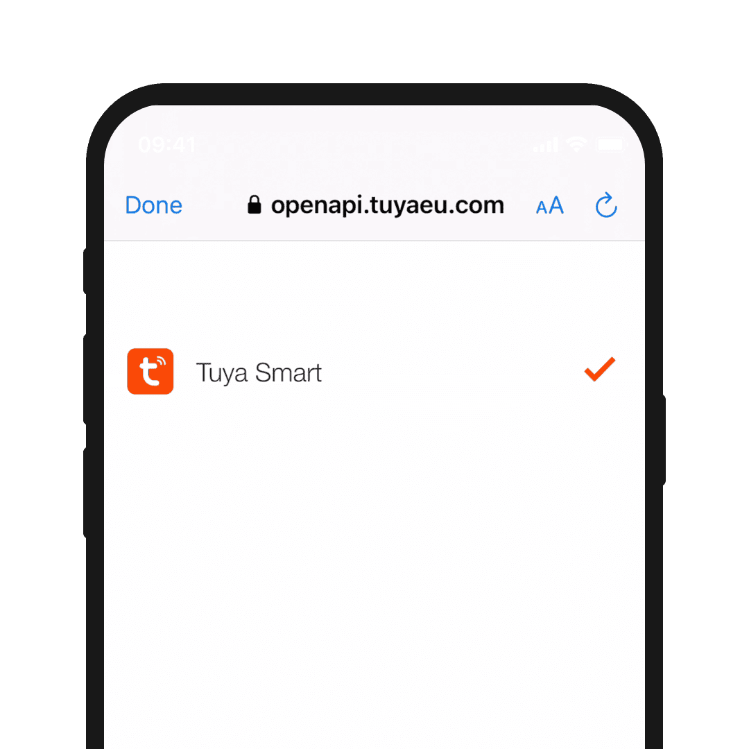 A phone screen showing the option to connect with the Tuya Smart platform