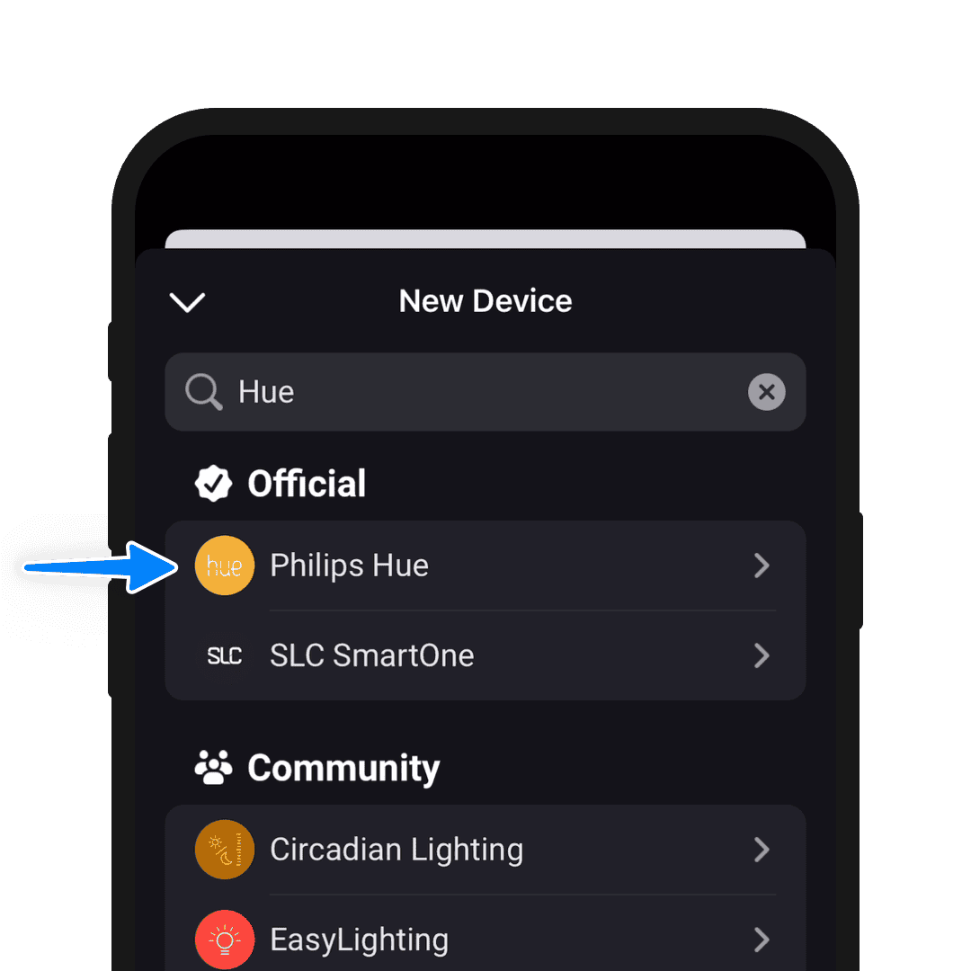 A phone screen showing search results for the Philips Hue brand in the Homey app