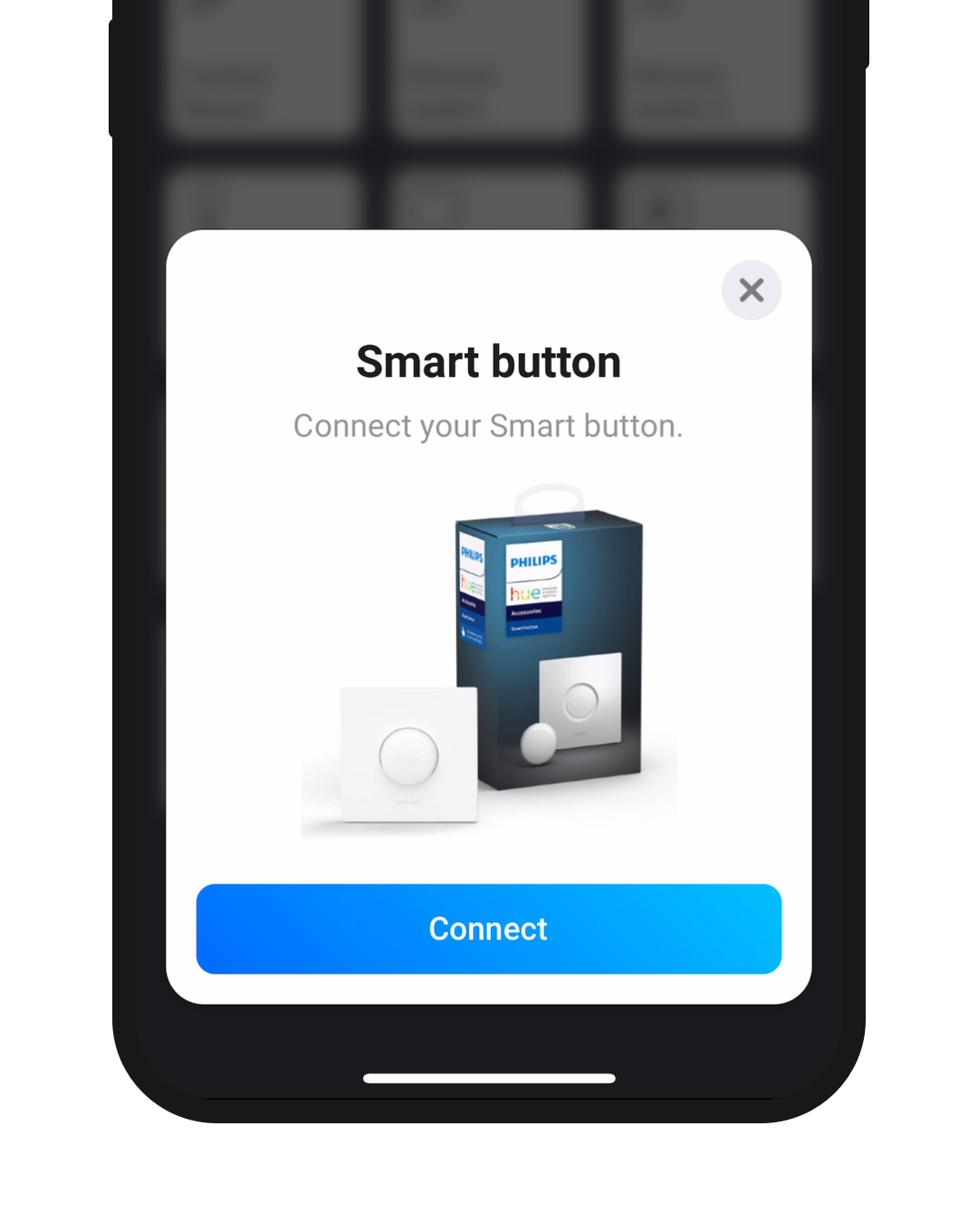 A phone screen showing a Philips Smart Button and a Connect button