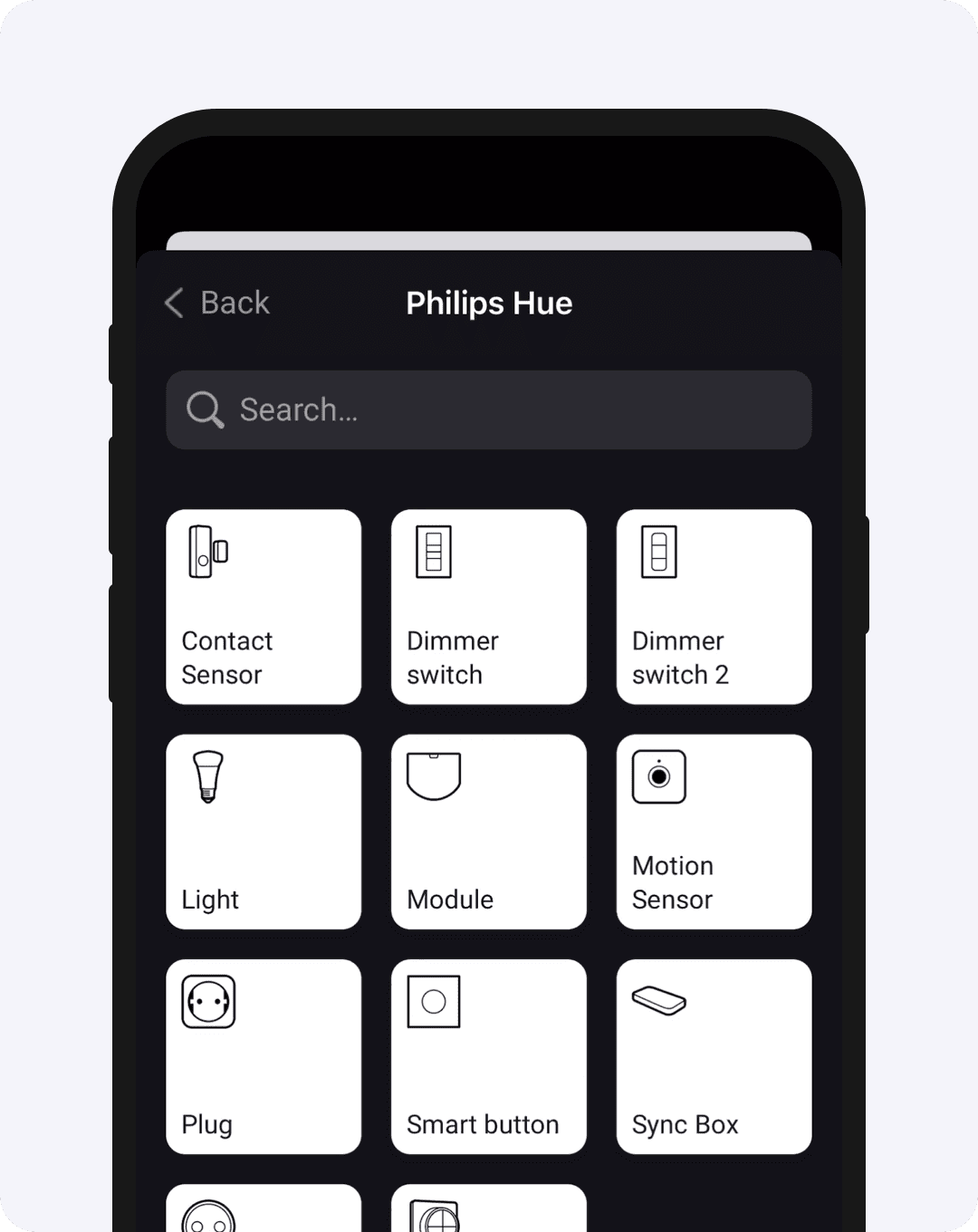 A phone screen showing Philips Hue devices in the Homey app