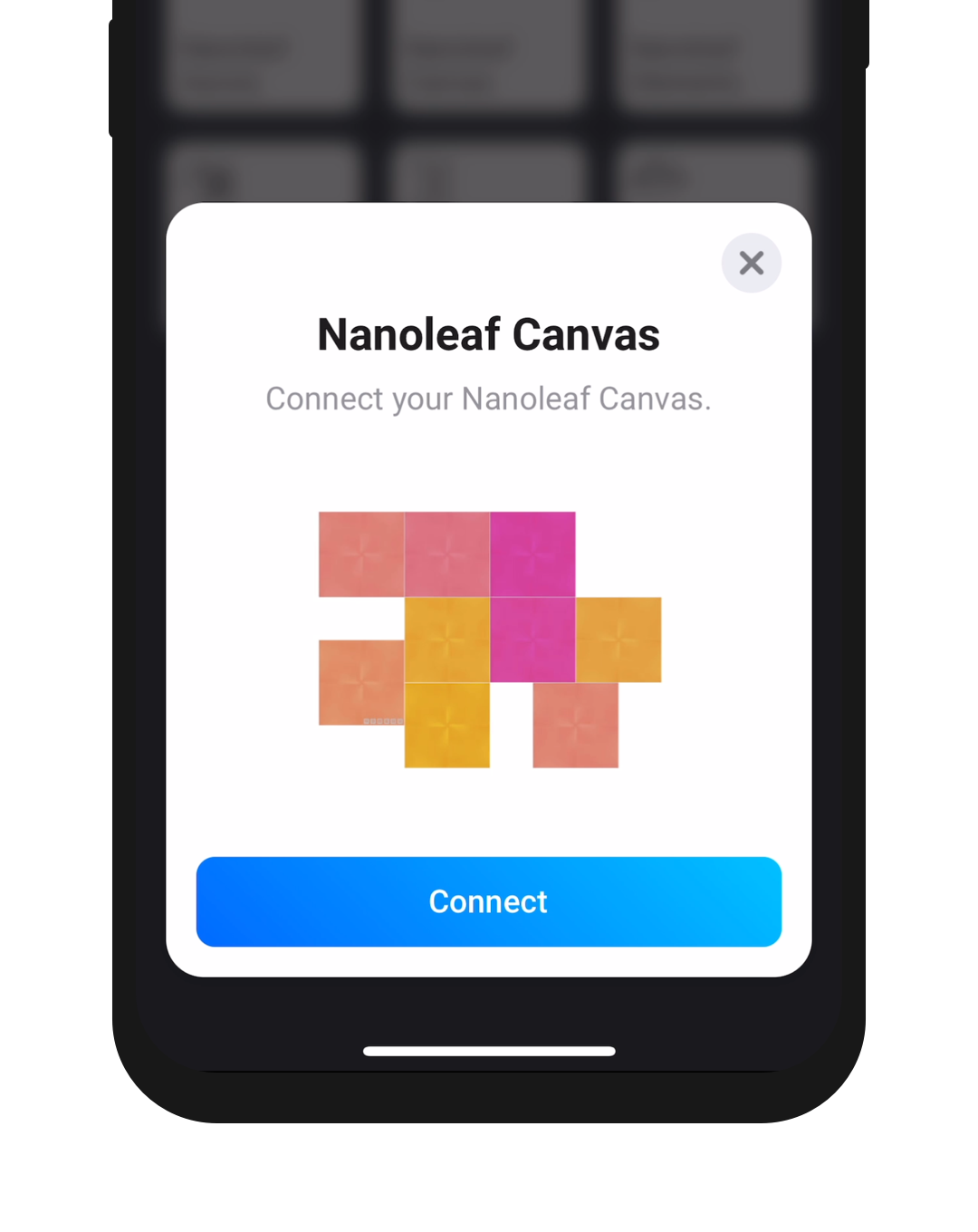 A phone screen showing a Nanoleaf Canvas and a Connect button
