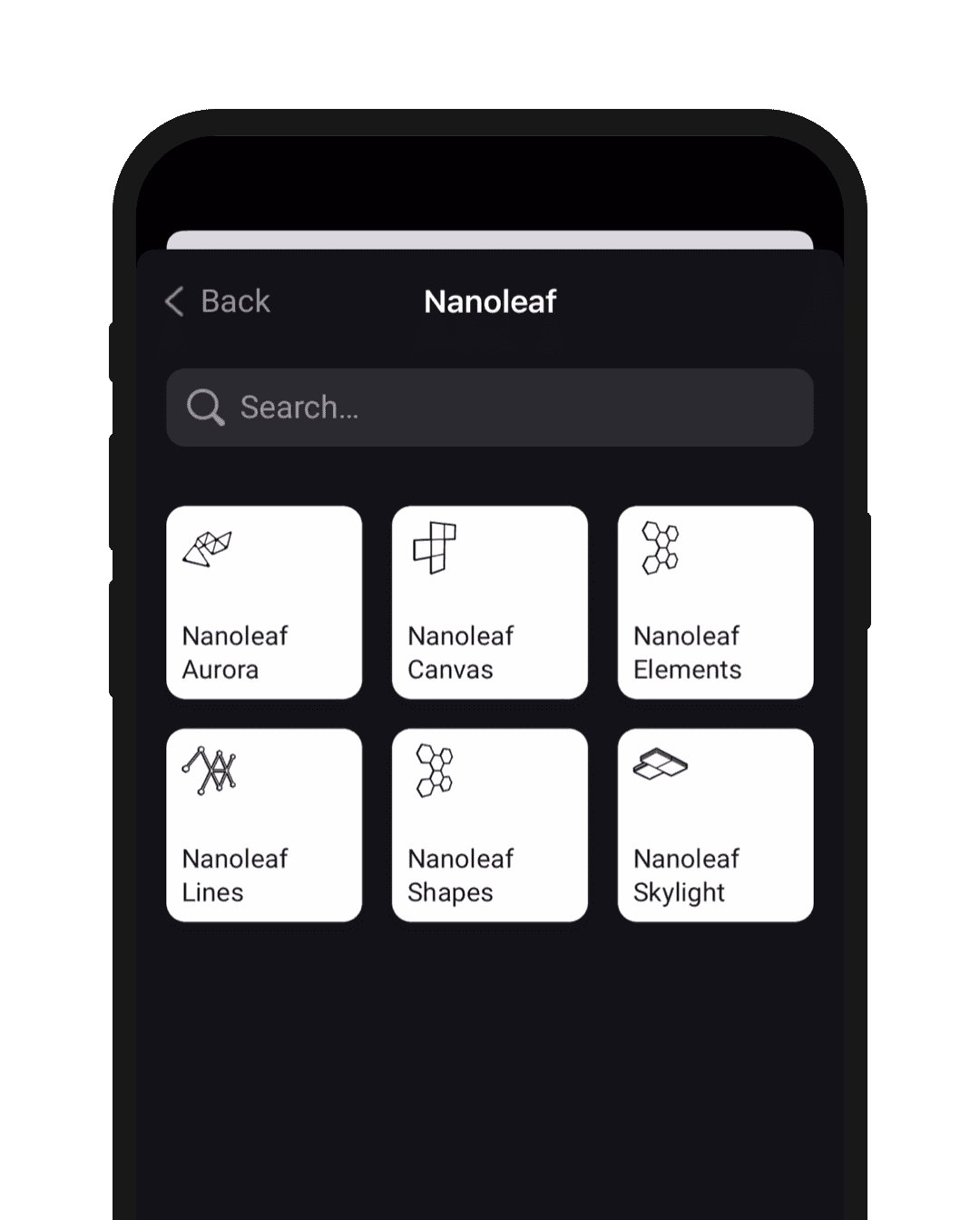 A phone screen showing Nanoleaf devices in the Homey app