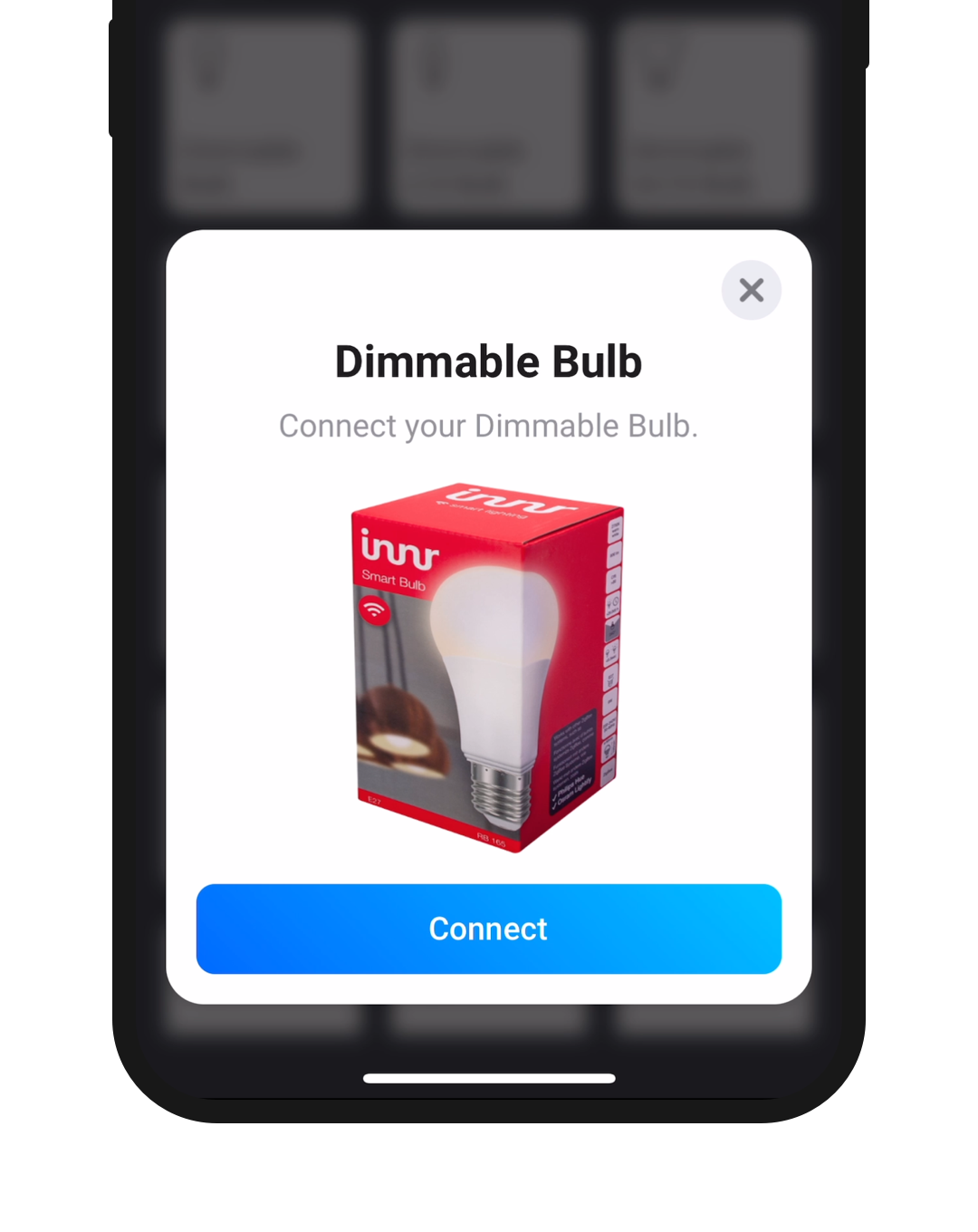 A phone screen showing an Innr light bulb and a Connect button