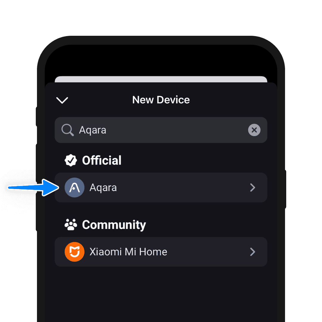 A phone screen showing search results for the Aqara brand in the Homey app