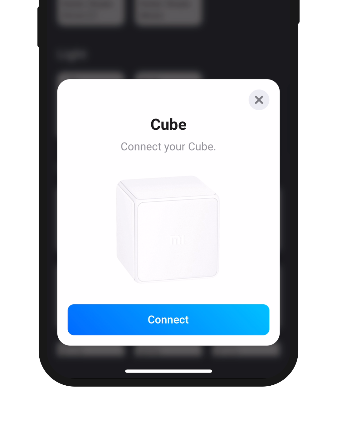 A phone screen showing an Aqara Cube and a Connect button
