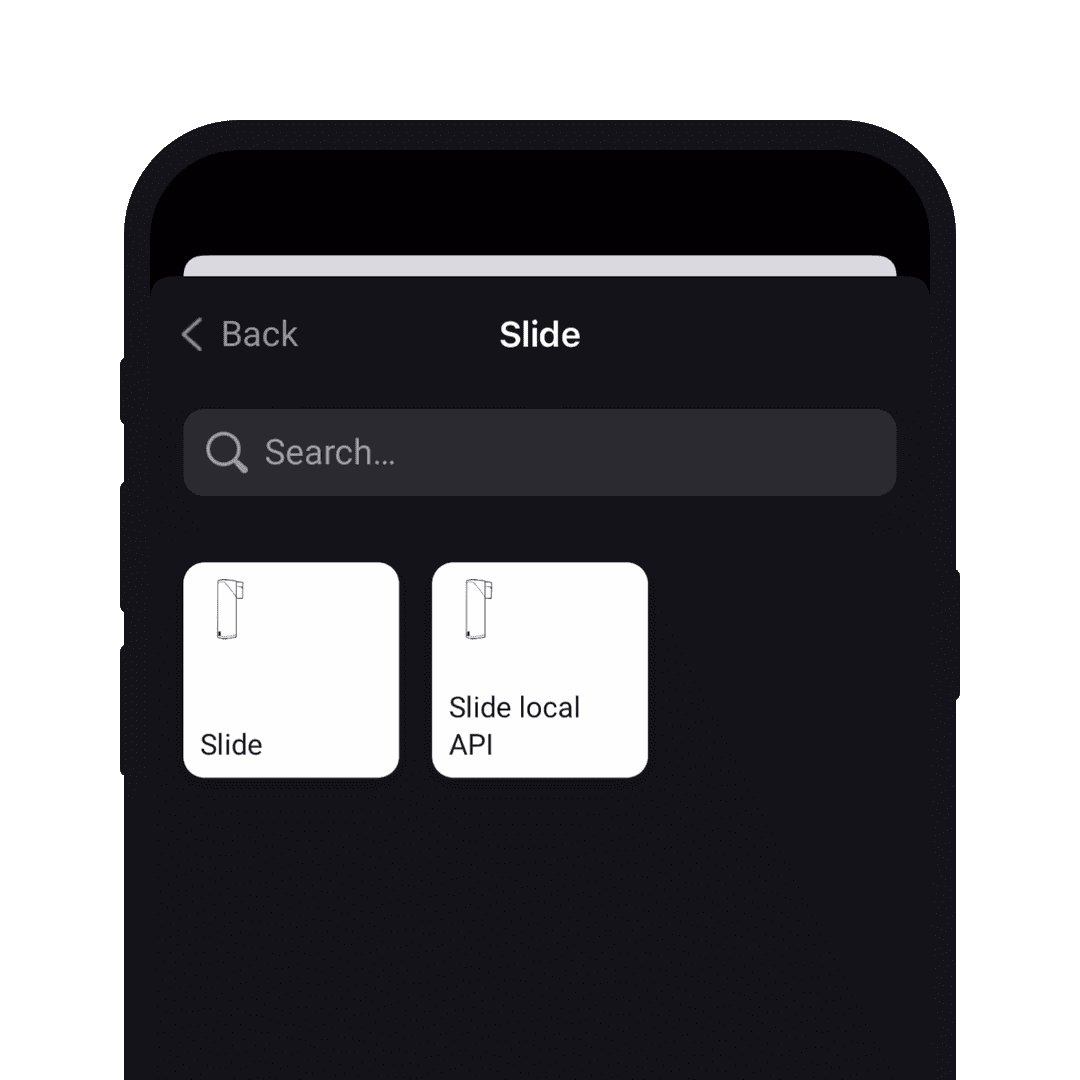 A phone screen showing Slide devices in the Homey app