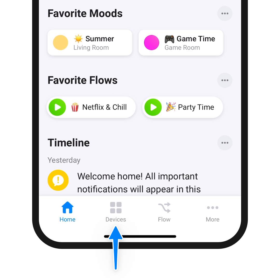 A phone screen showing the home screen of the Homey app