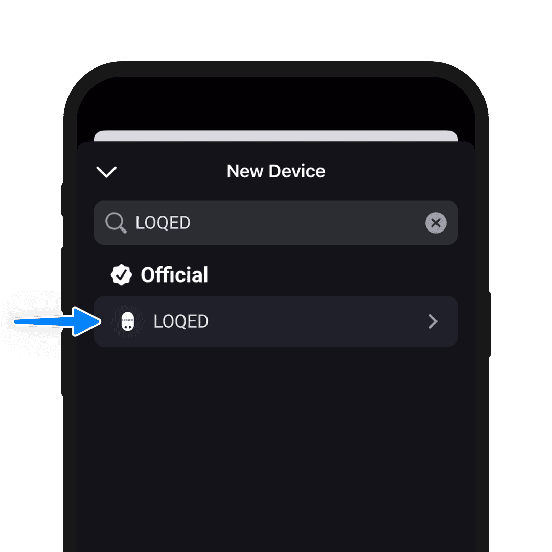 A phone screen showing search results for the LOQED brand in the Homey app