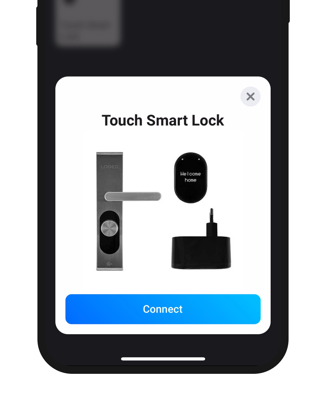 A phone screen showing a LOQED Smart Lock and a Connect button