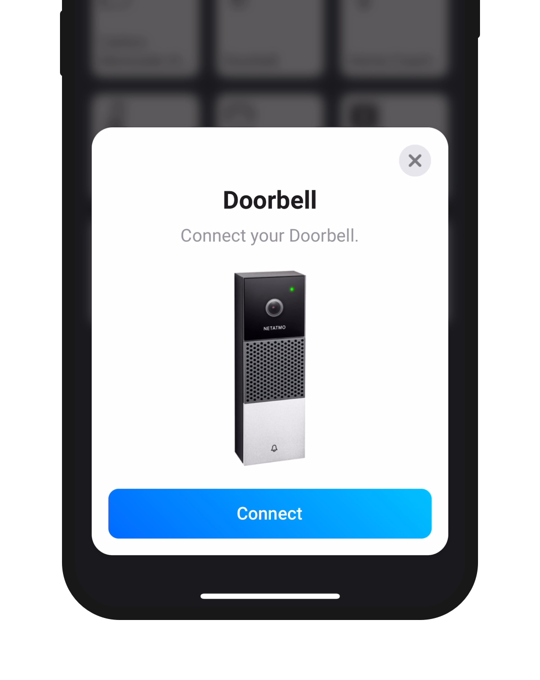 A phone screen showing an Netatmo Doorbell and a Connect button