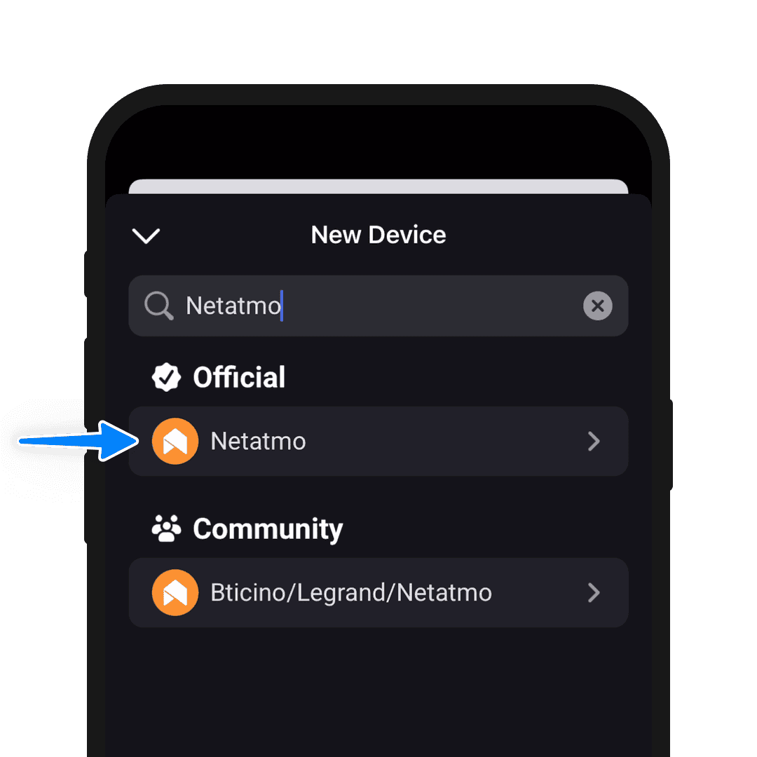 A phone screen showing search results for the Netatmo brand in the Homey app