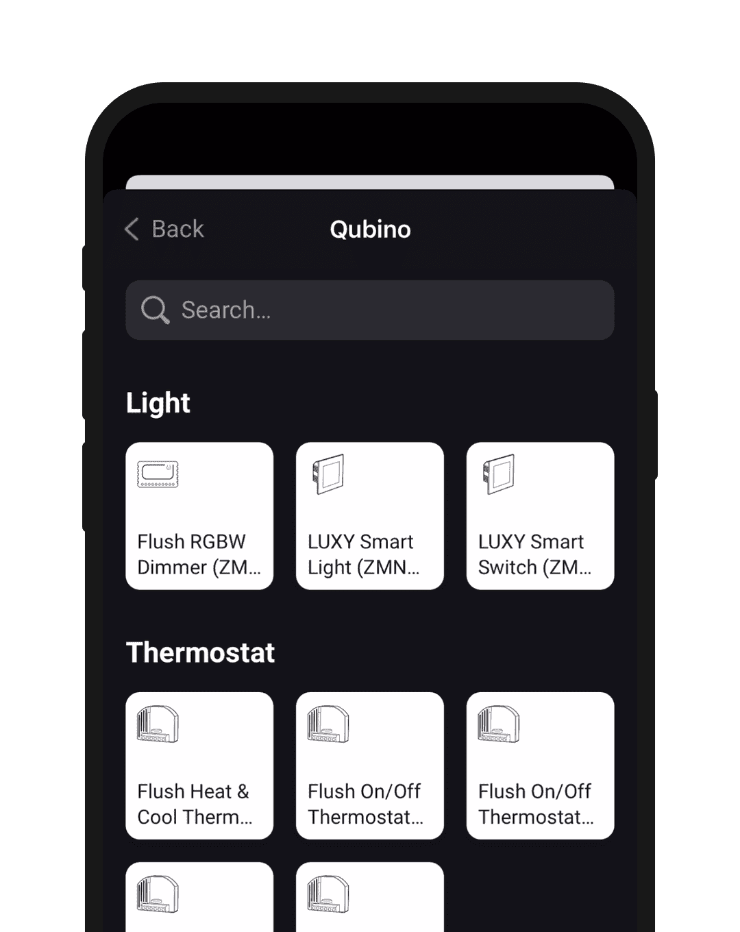 A phone screen showing Qubino devices in the Homey app