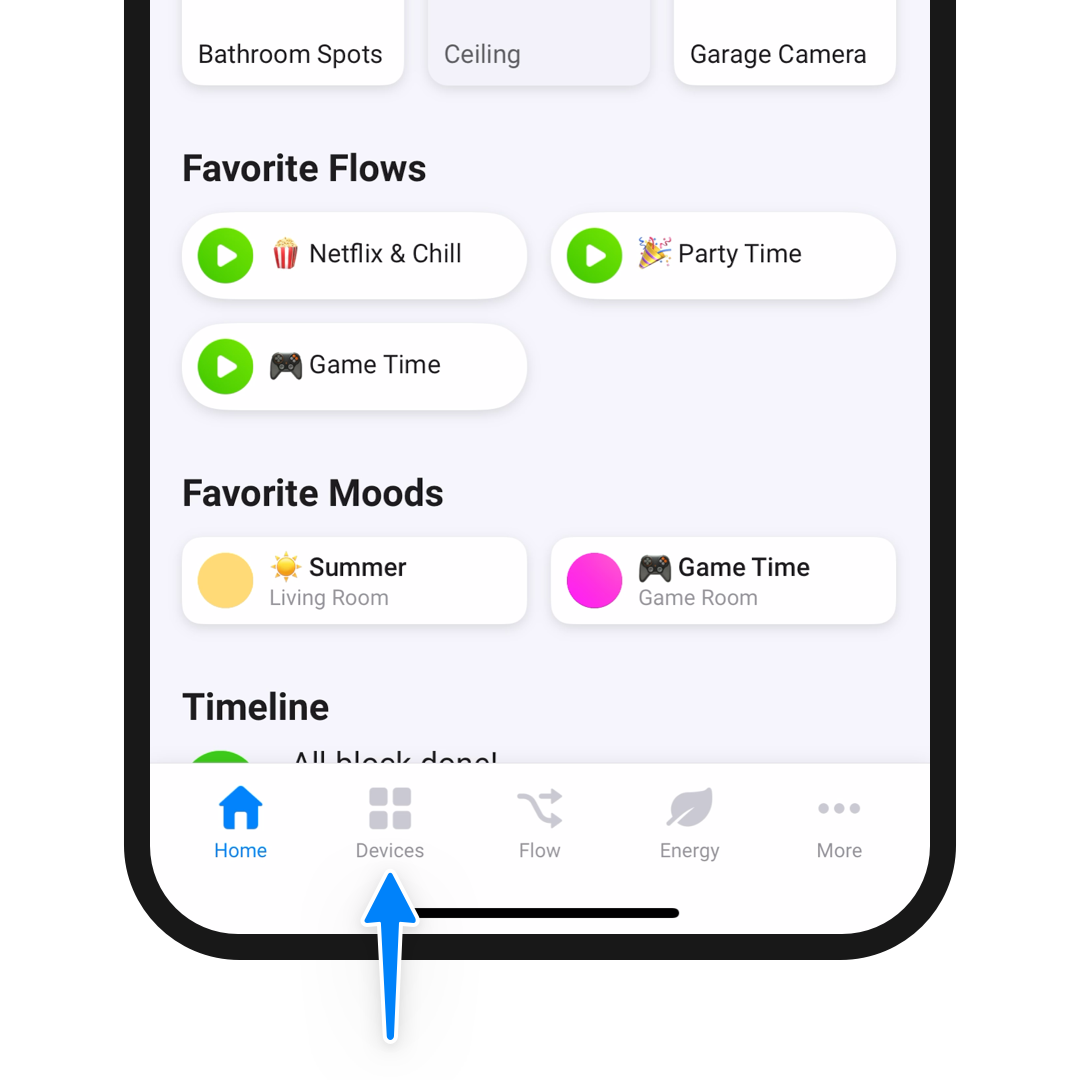 A phone screen showing the home screen of the Homey app