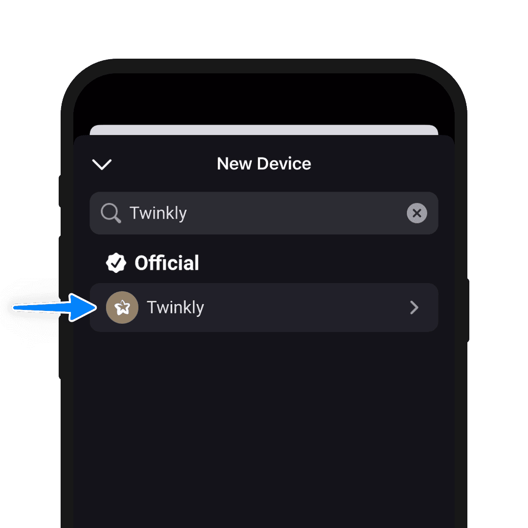 A phone screen showing search results for the Twinkly brand in the Homey app