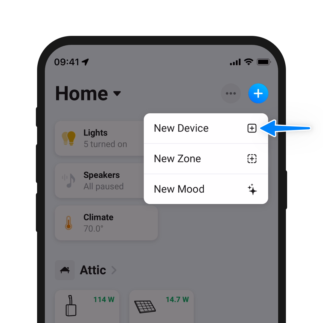 A phone screen showing the New Device option in the Homey app