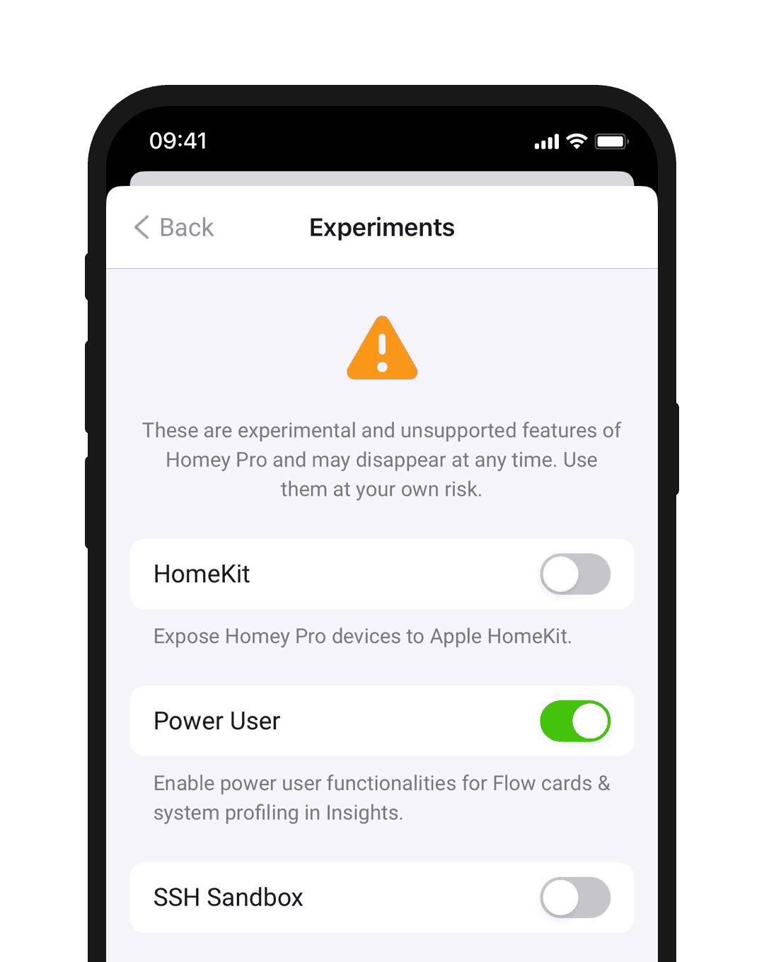 A phone screen displaying Experiments in the Homey App Settings