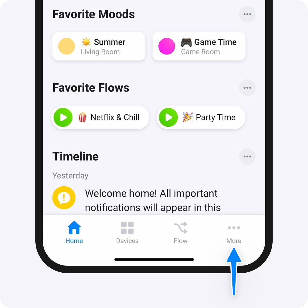 A phone screen showing the home screen of the Homey app