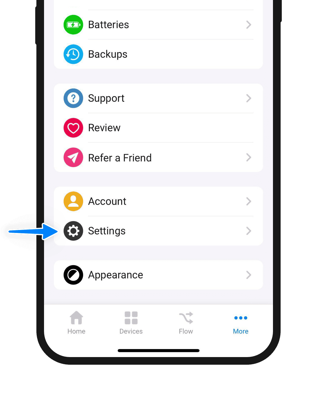 A phone screen showing the Settings option in the Homey app