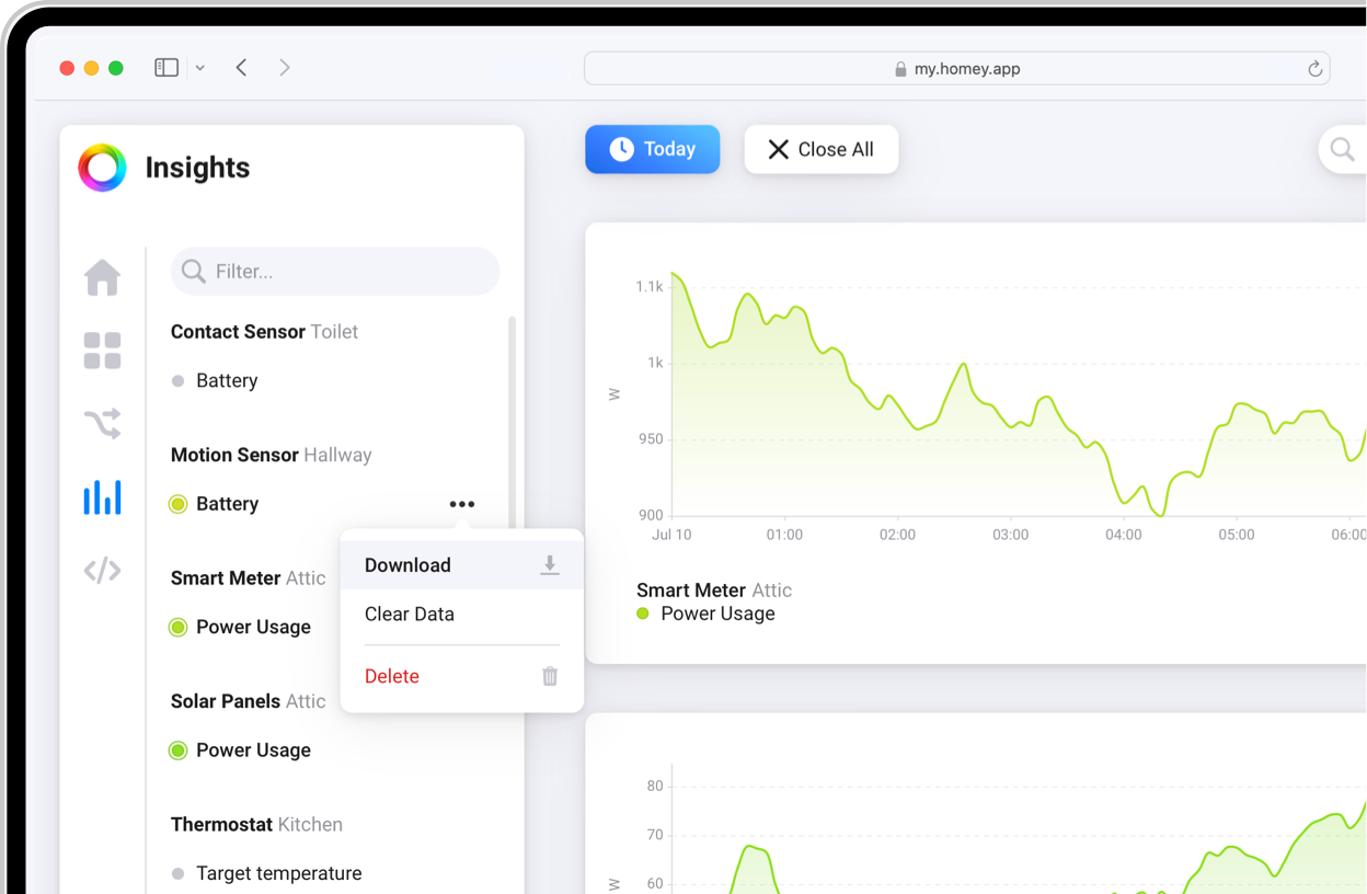 A web browser showing the Insights tab and a Download option within the Homey web app