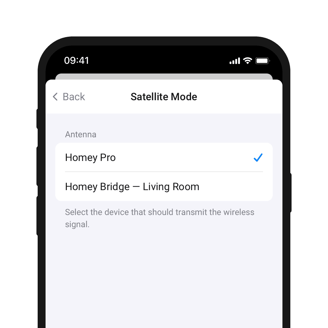 A phone screen showing the Antenna settings for Satellite Mode