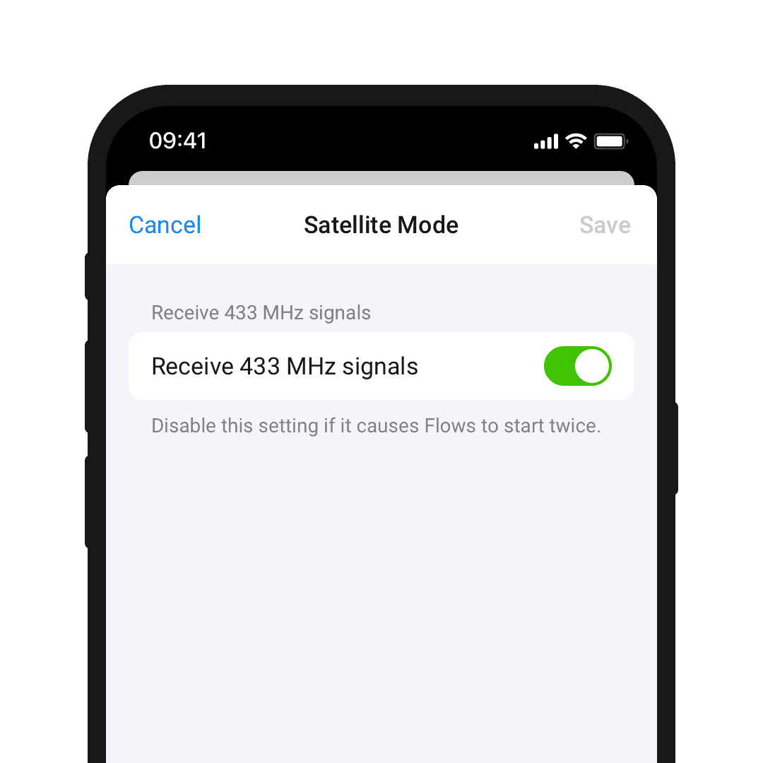 A phone screen showing the setting for enabling or disabling receiving 433MHz signals
