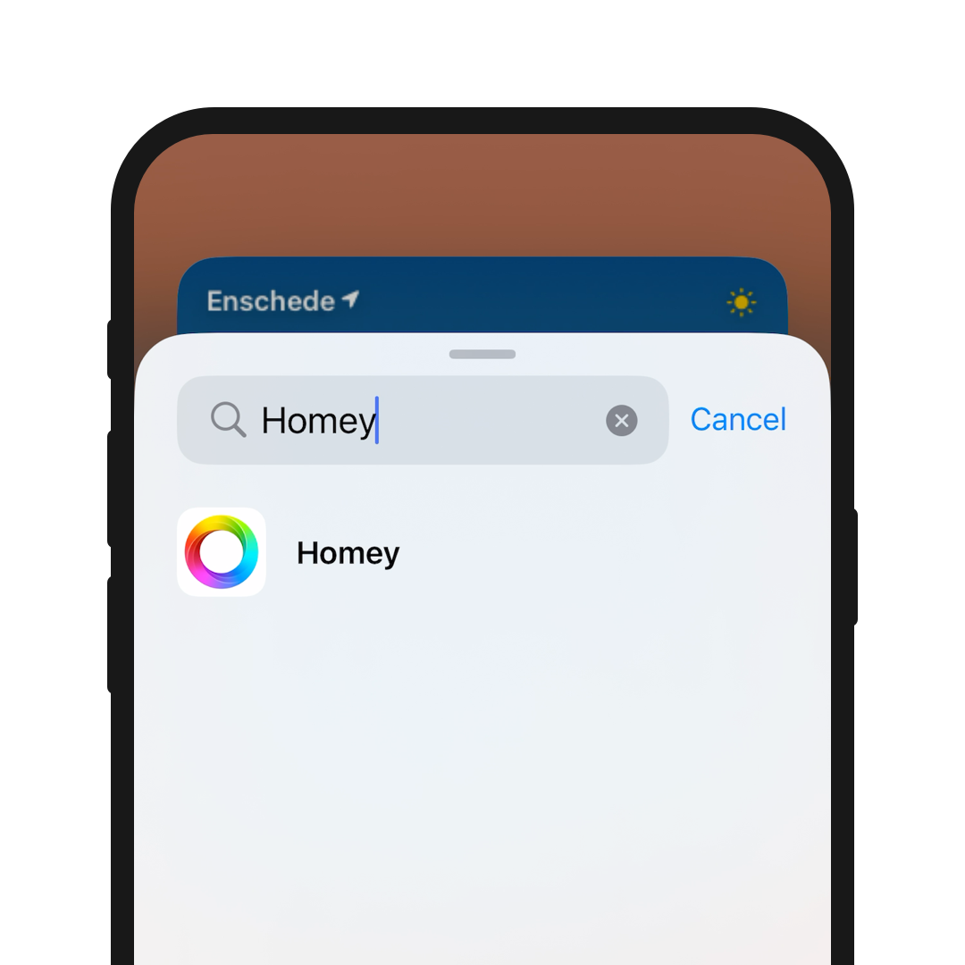 A phone screen displaying search results when searching for the Homey widgets