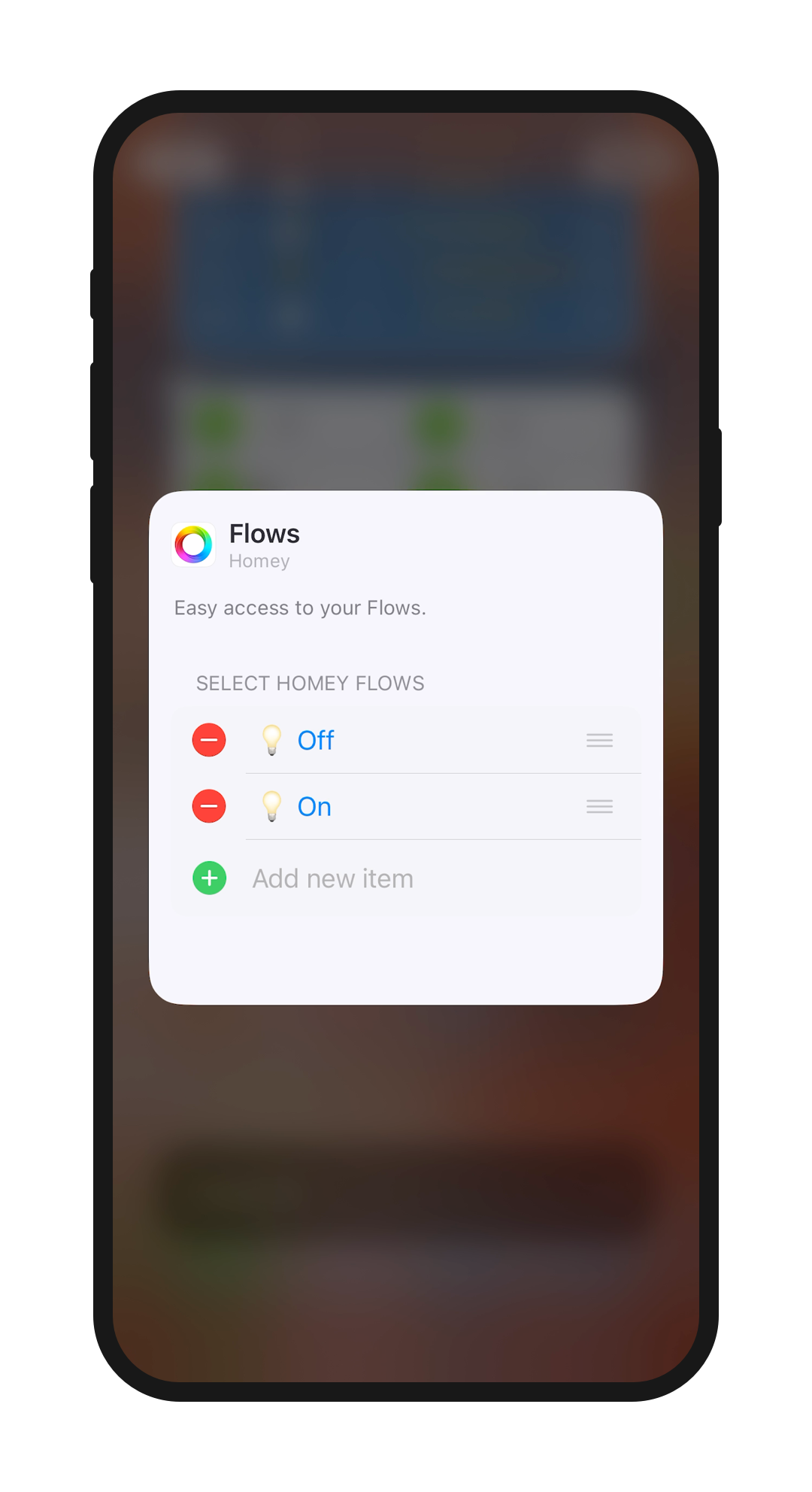 A phone screen displaying how to add Flows to your widgets