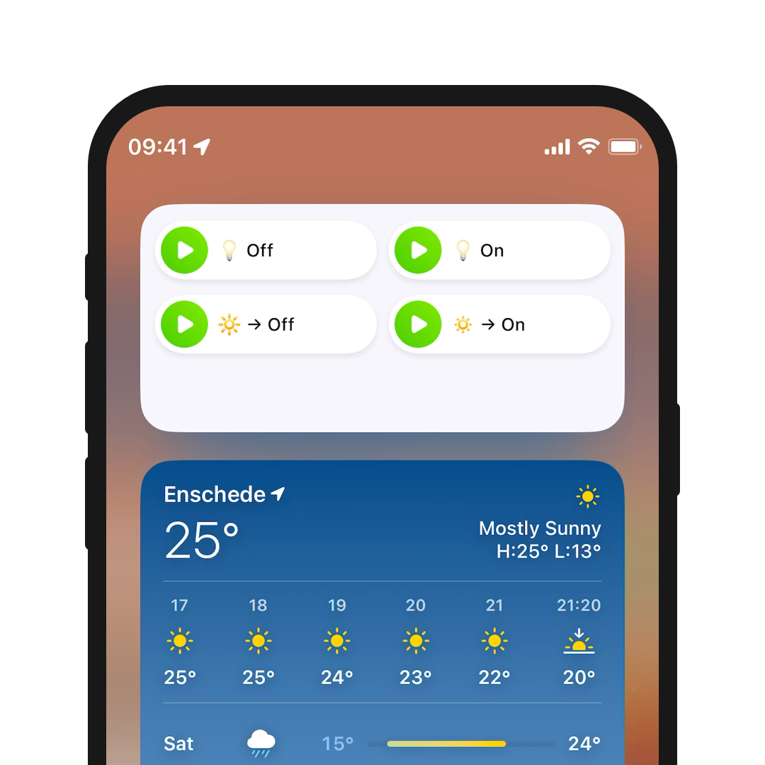 A phone screen display a Homey widget with Flows in the Today View