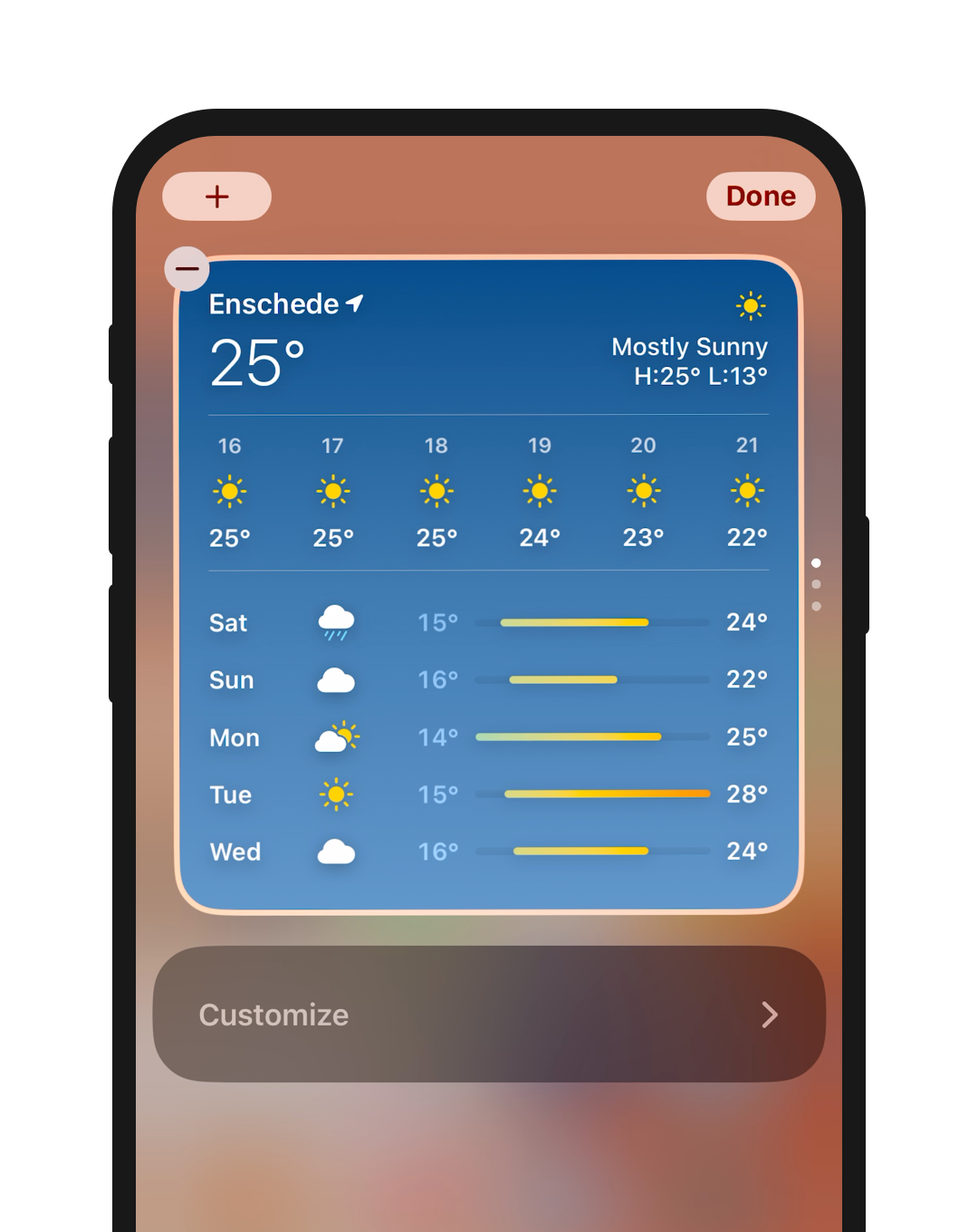 A phone screen displaying the + button in the Today View on an iPhone