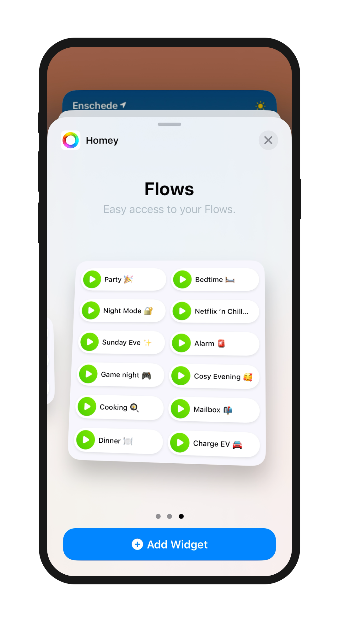 A phone screen displaying available Homey widgets