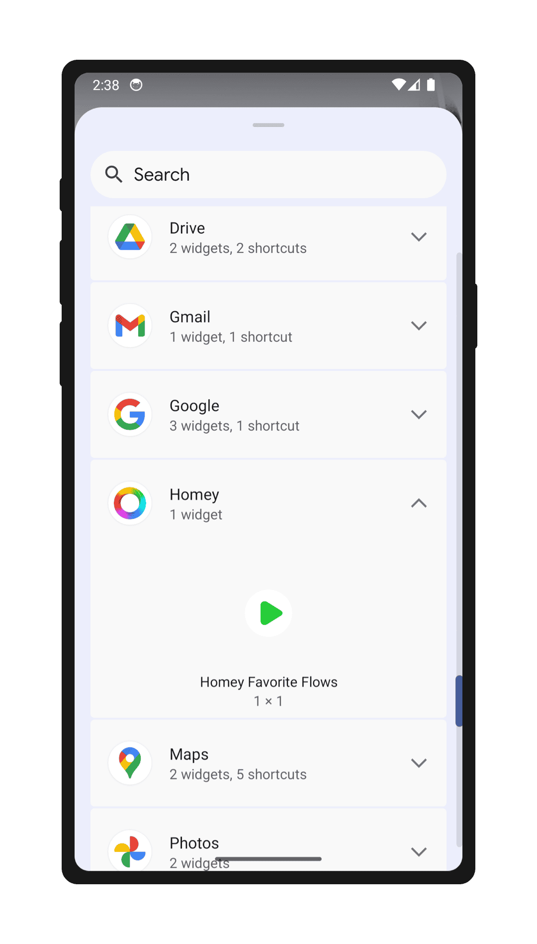 A phone screen showing the available widgets on an Android phone