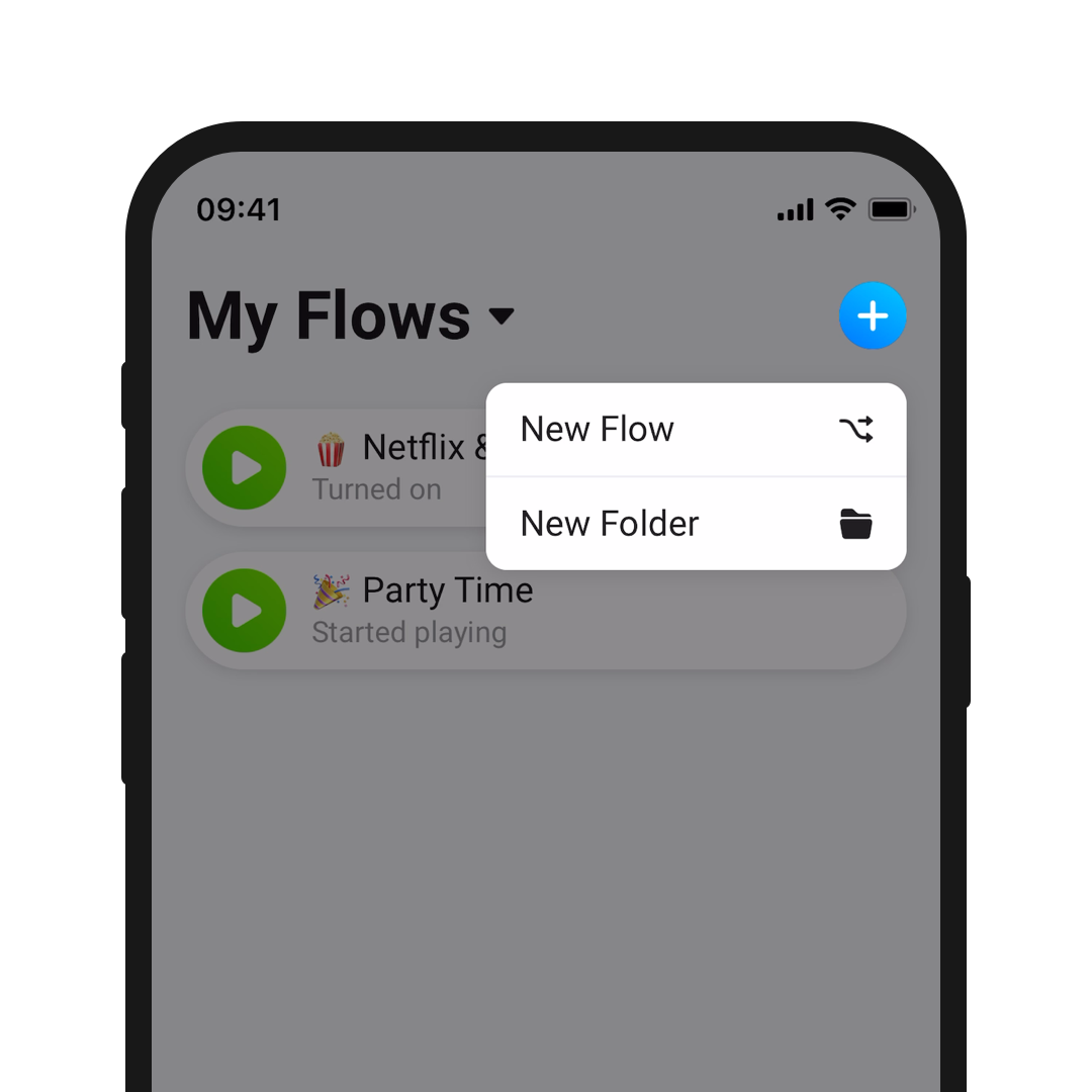 A phone screen showing the New Flow option in the Homey app
