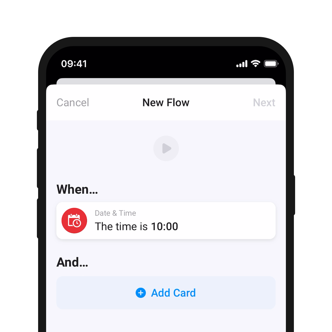A phone screen showing a When-card for Date & Time in a Homey Flow