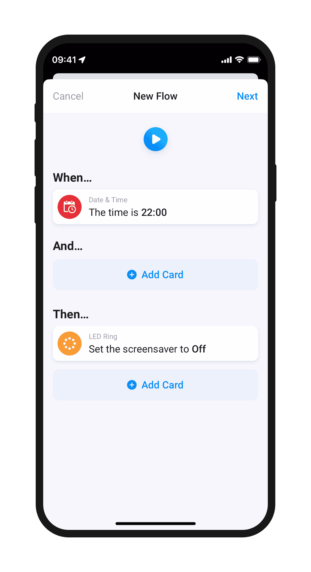 A phone screen showing a Flow to disable the LED Ring at a specific time