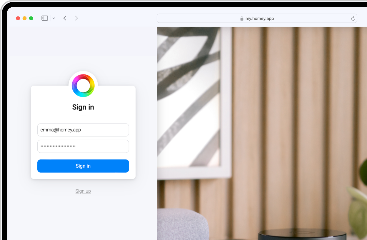 A web browser showing the login screen for the Homey Web App