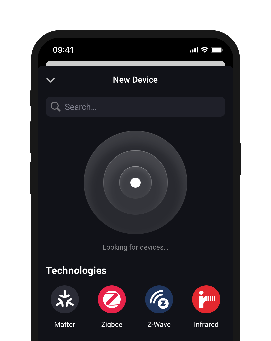 A phone screen showing the Technologies section in the Homey app
