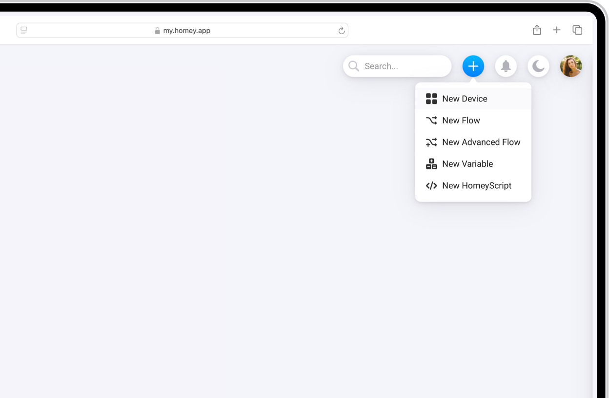 A web browser showing the New Device option in the Homey Web App