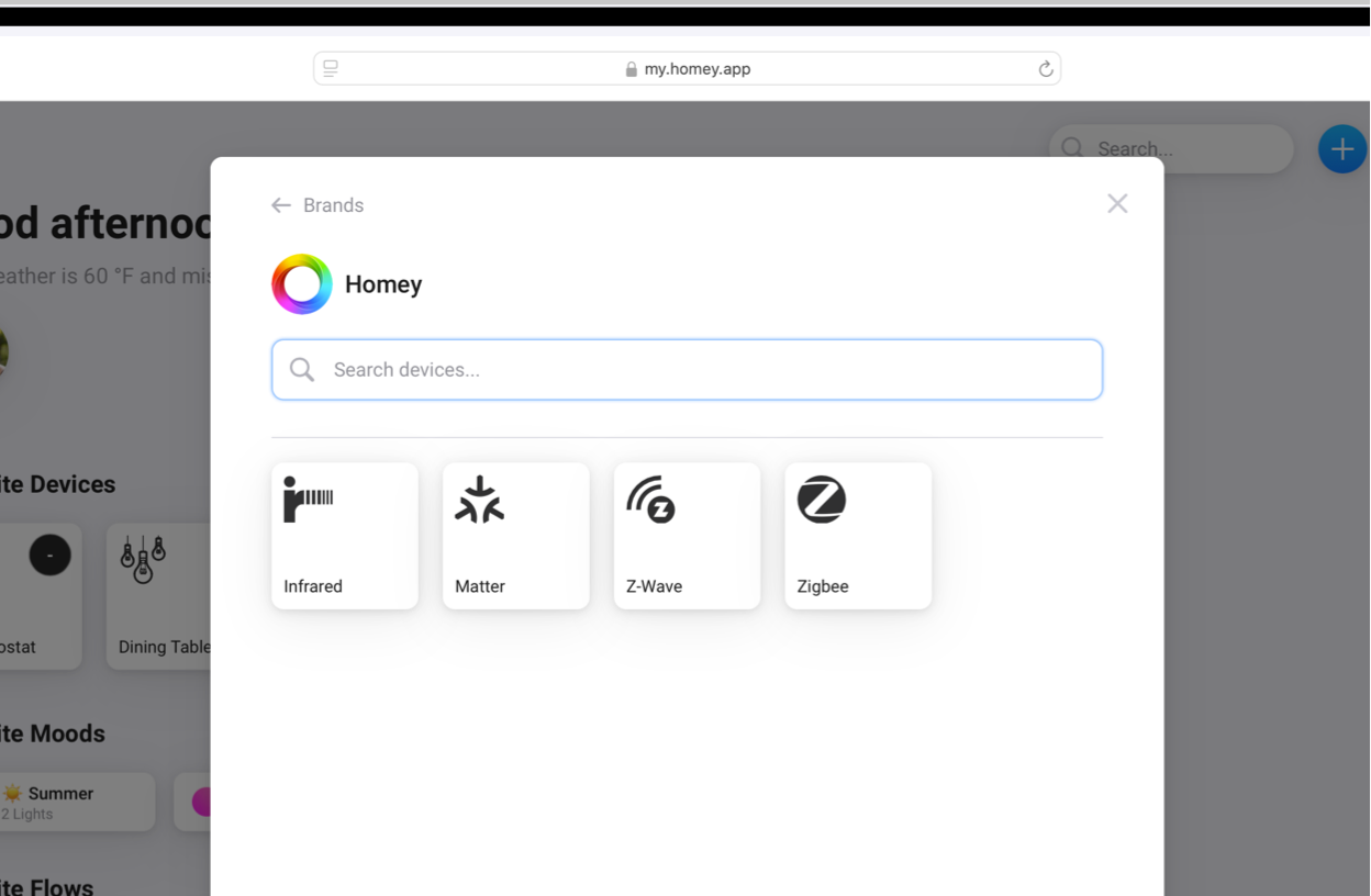 A web browser showing the Technologies options in the Homey Web App