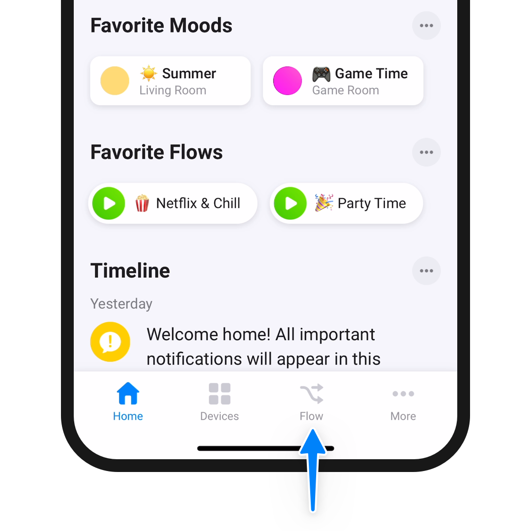A phone screen showing the home screen of the Homey app with an arrow pointing to the Flow option in the tab bar