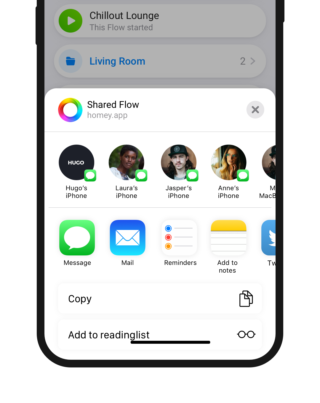 A phone screen showing the iOS share options for a Homey Flow