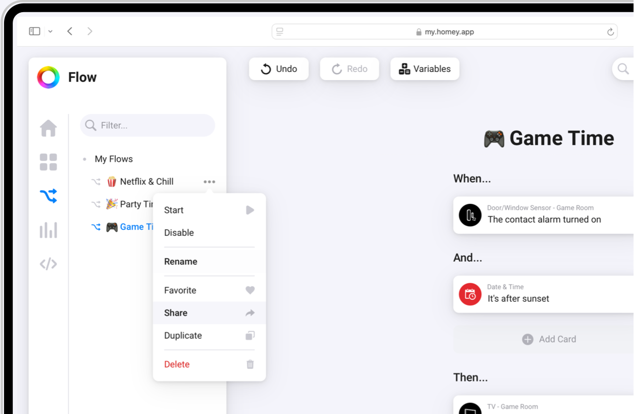 A web browser showing the option to share your Flow in the Homey Web App