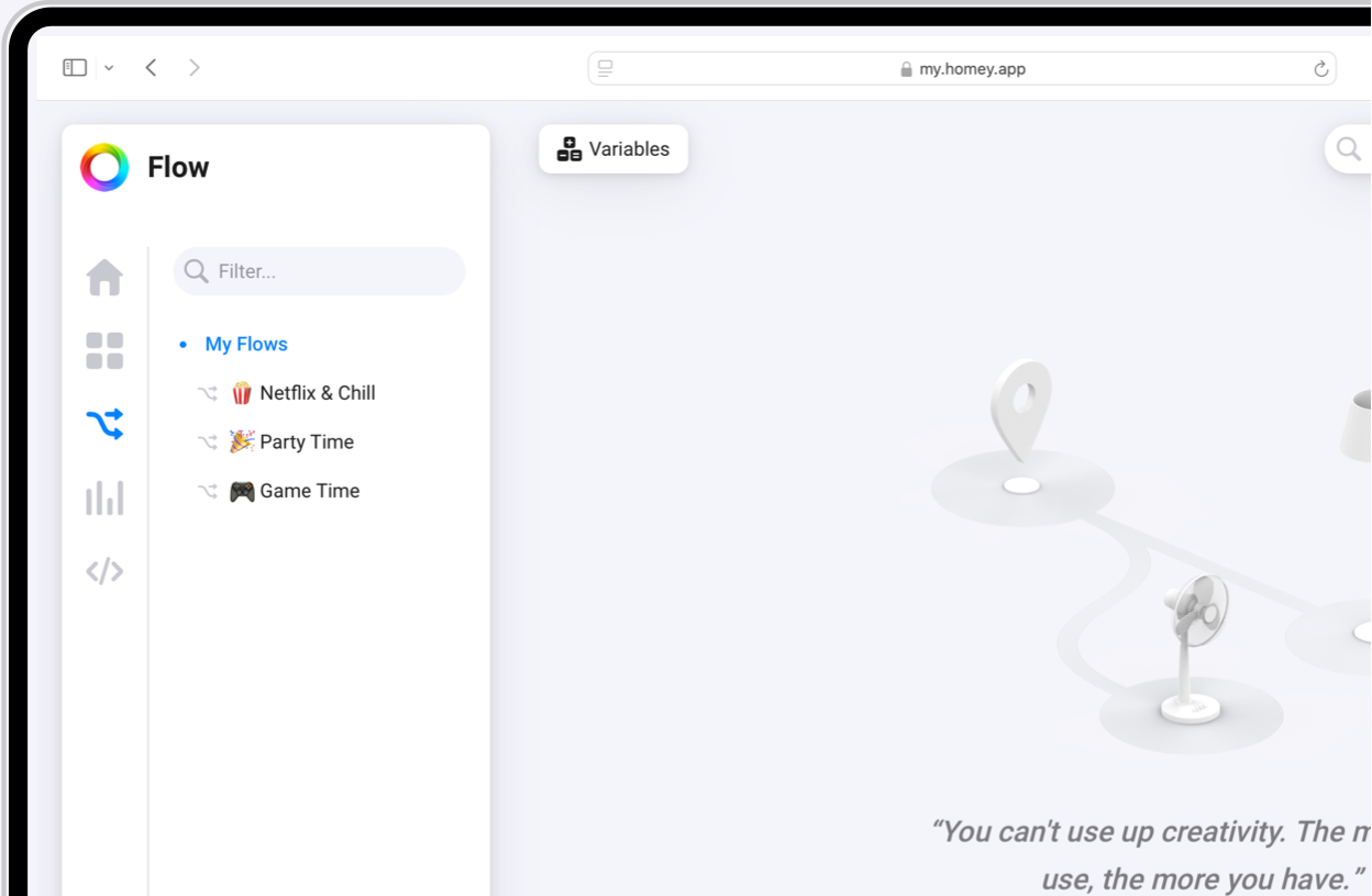A web browser showing your Flows in the Homey Web App