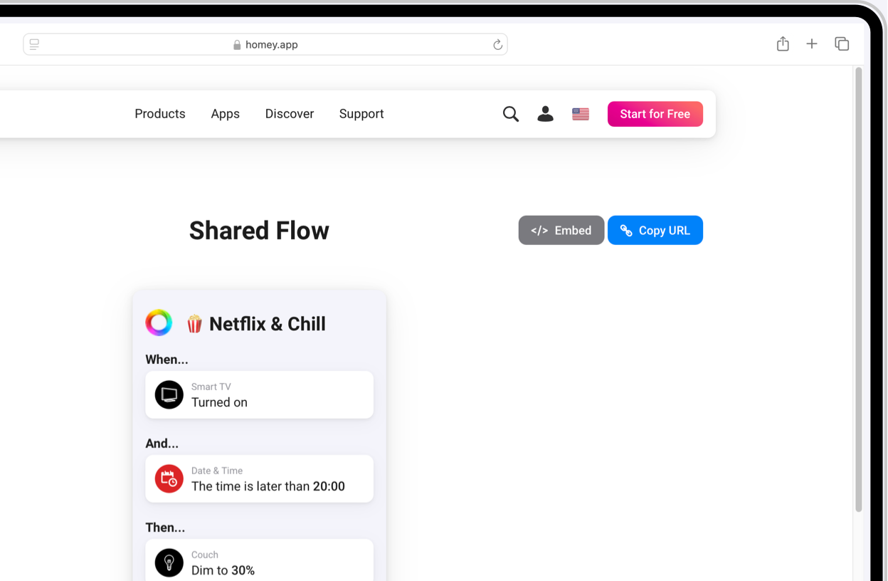 A web browser showing the option to embed or share your Flow