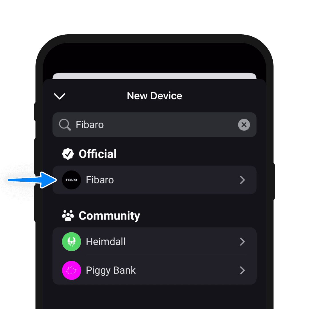 A phone screen showing search results for the Fibaro brand in the Homey app
