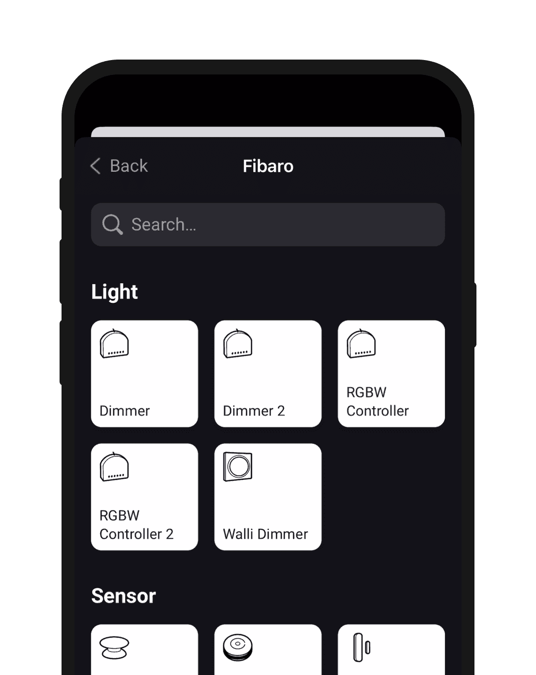 A phone screen showing Fibaro devices in the Homey app