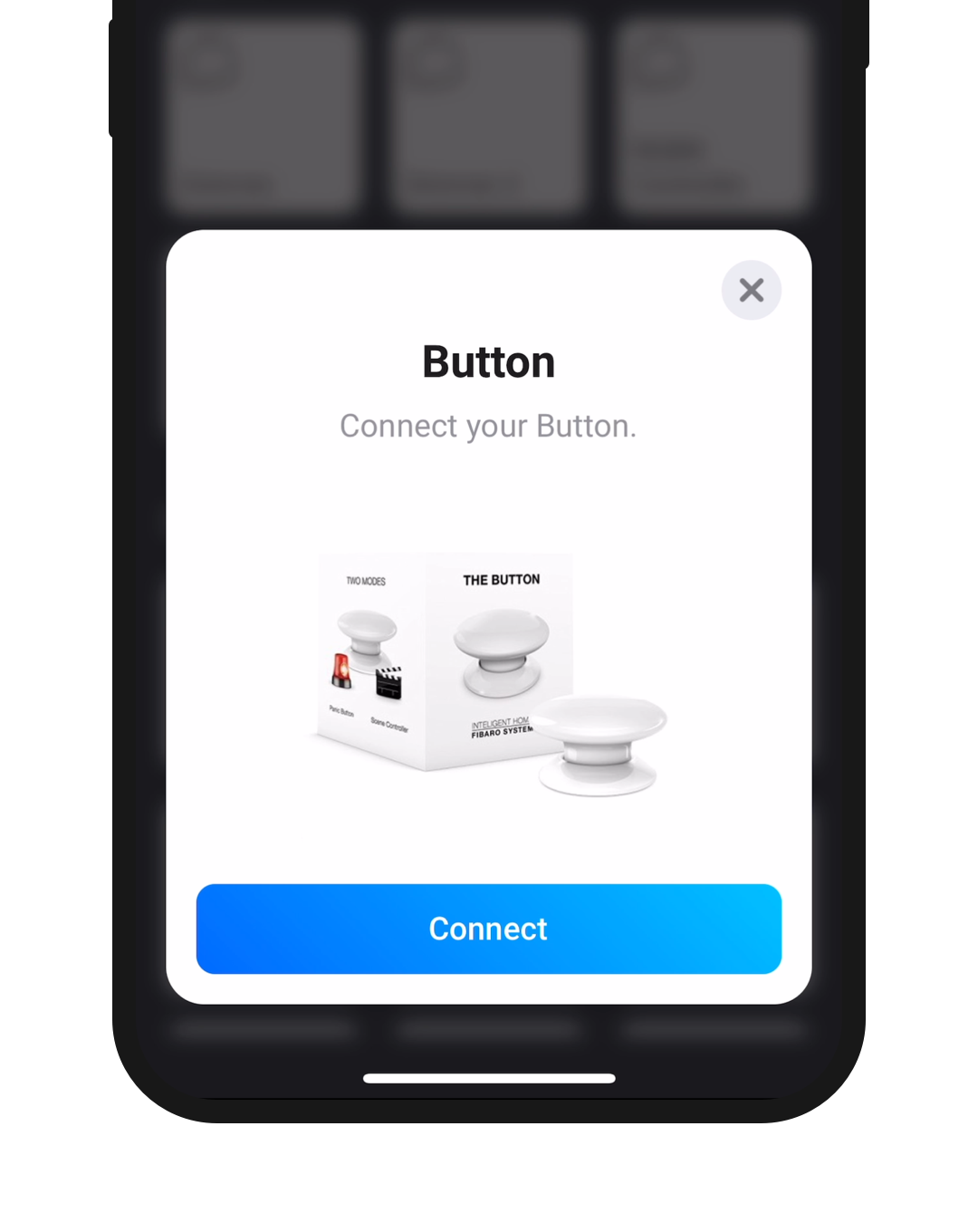 A phone screen showing a Fibaro device and a Connect button