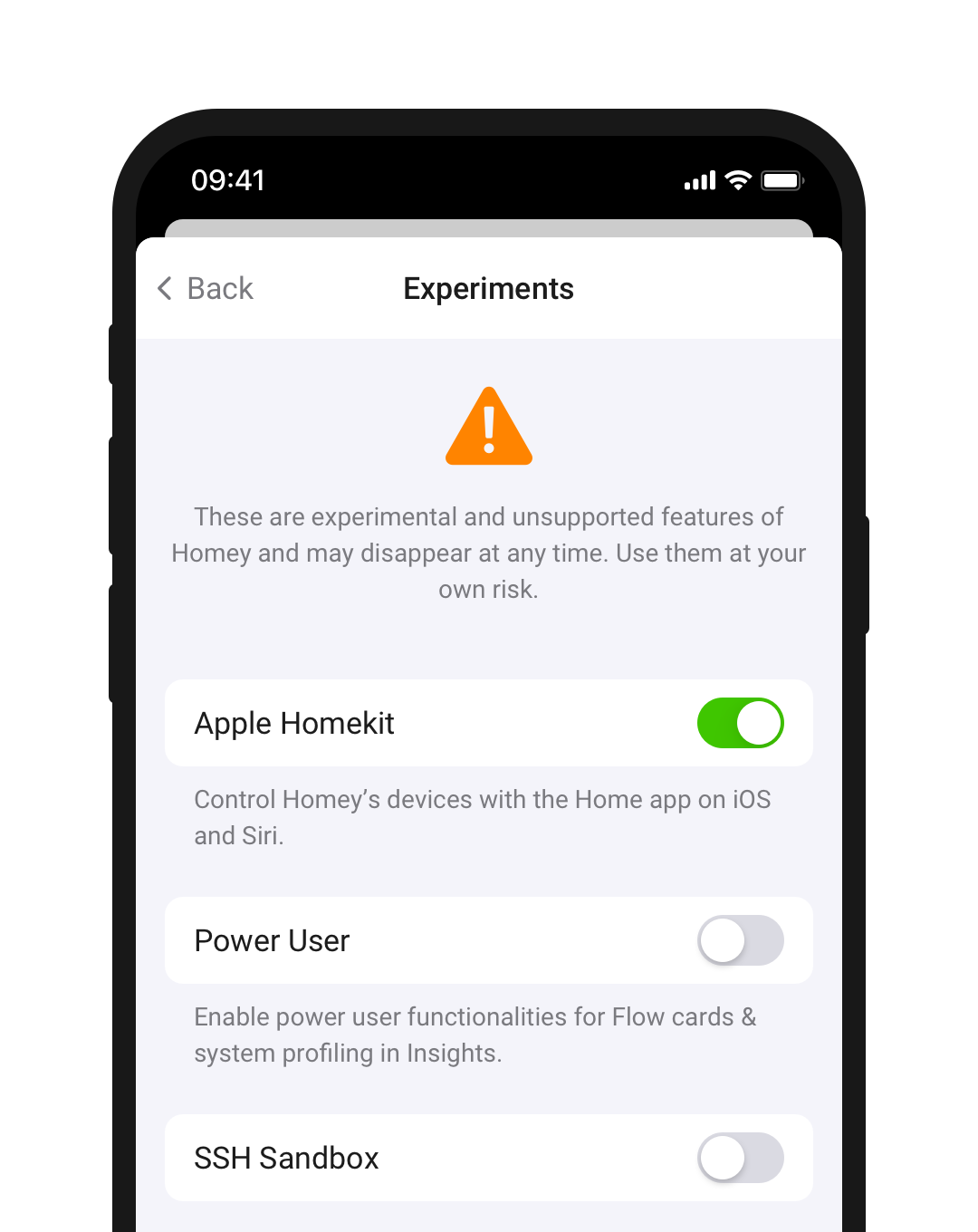A phone screen showing the Homekit Experiment setting in the Homey app