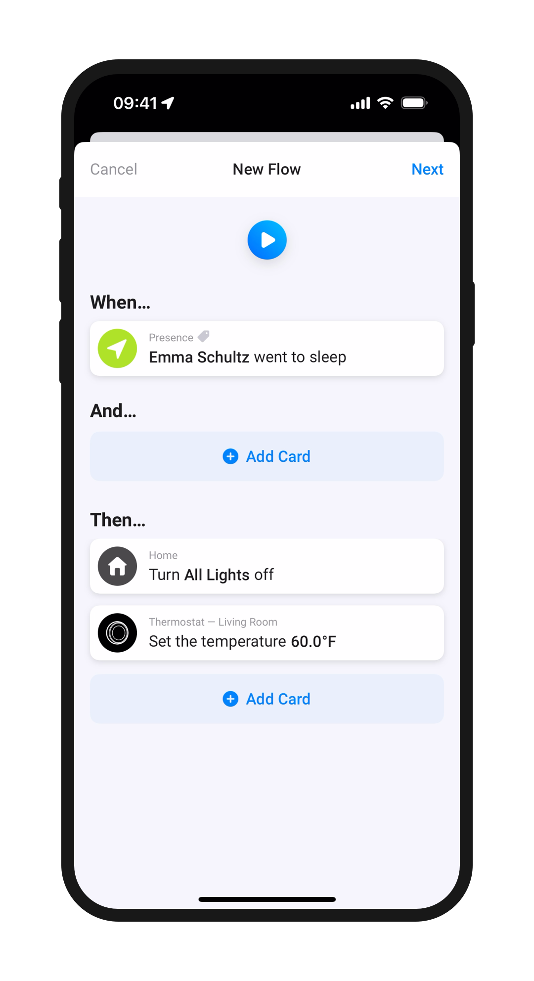 An illustration of a mobile phone screen showcasing the Homey app, highlighting a Flow that activates when a user went to sleep.
