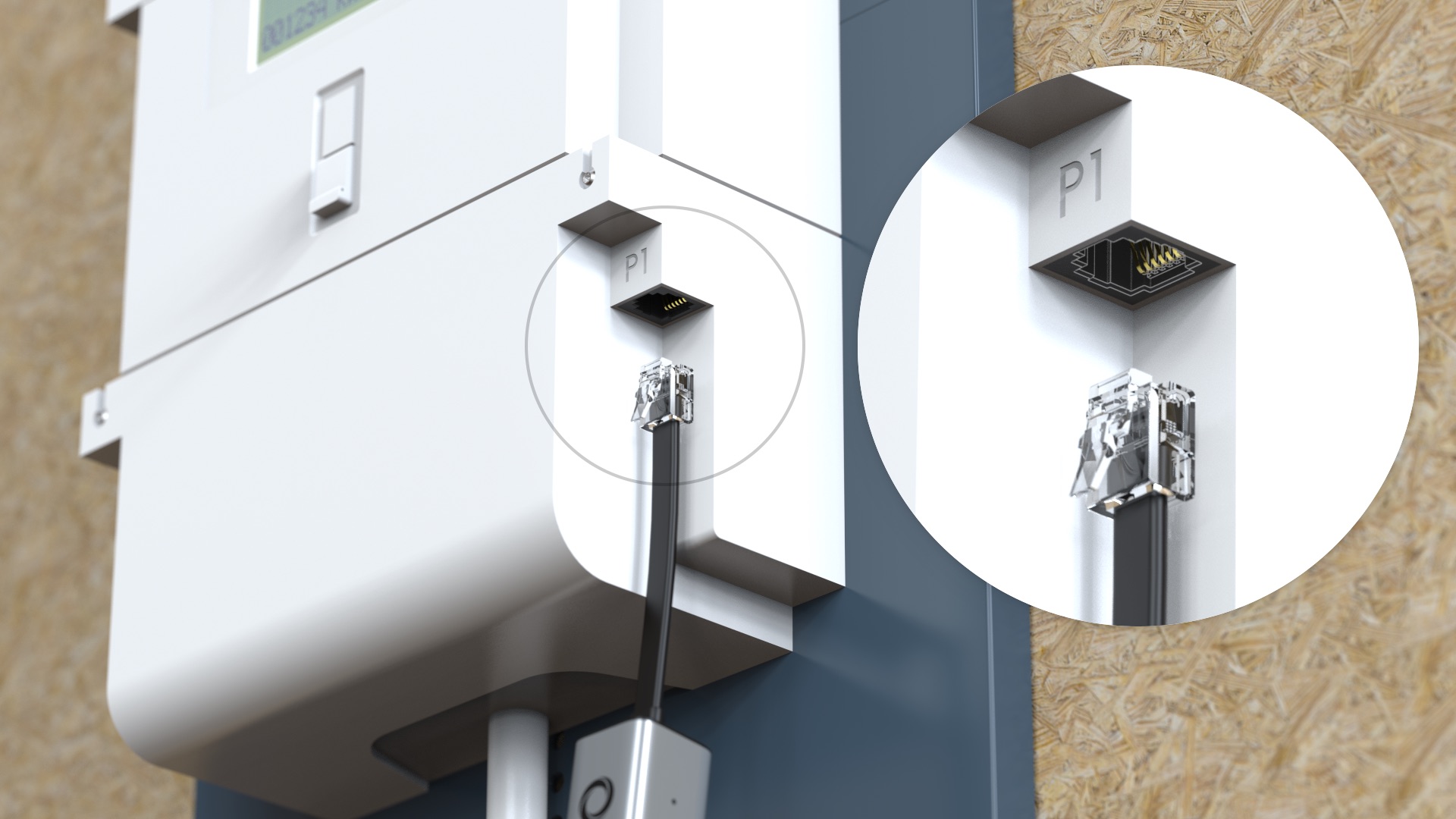 A close-up of a digital smart meter with a P1 port, highlighting the connection point for the Homey Energy Dongle