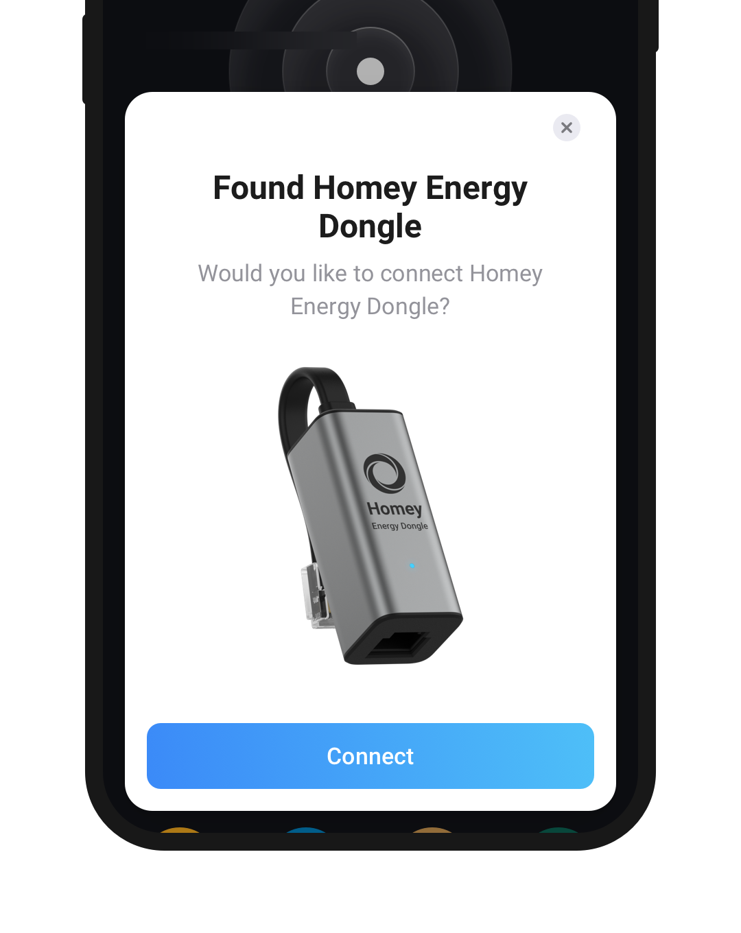 A phone screen showing the Connect button for the Homey Energy Dongle the Homey app